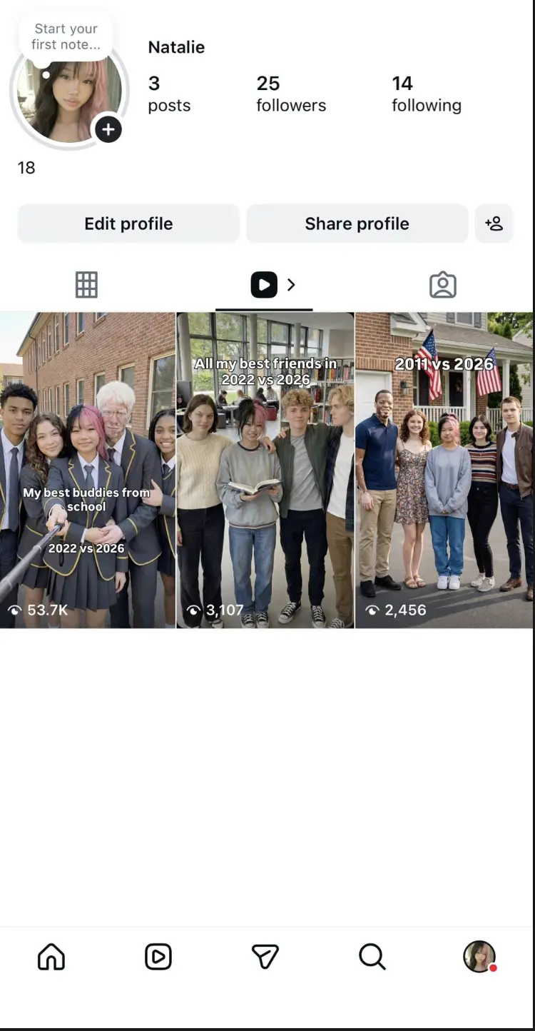 Instagram profile screenshot showing the account Natalie with 3 posts, 25 followers and 14 following, with a reel at 53.7K views.