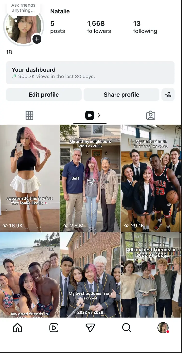 Instagram profile screenshot showing Natalie with 5 posts, 1,568 followers and a dashboard reading 900.7K views in the last 30 days.