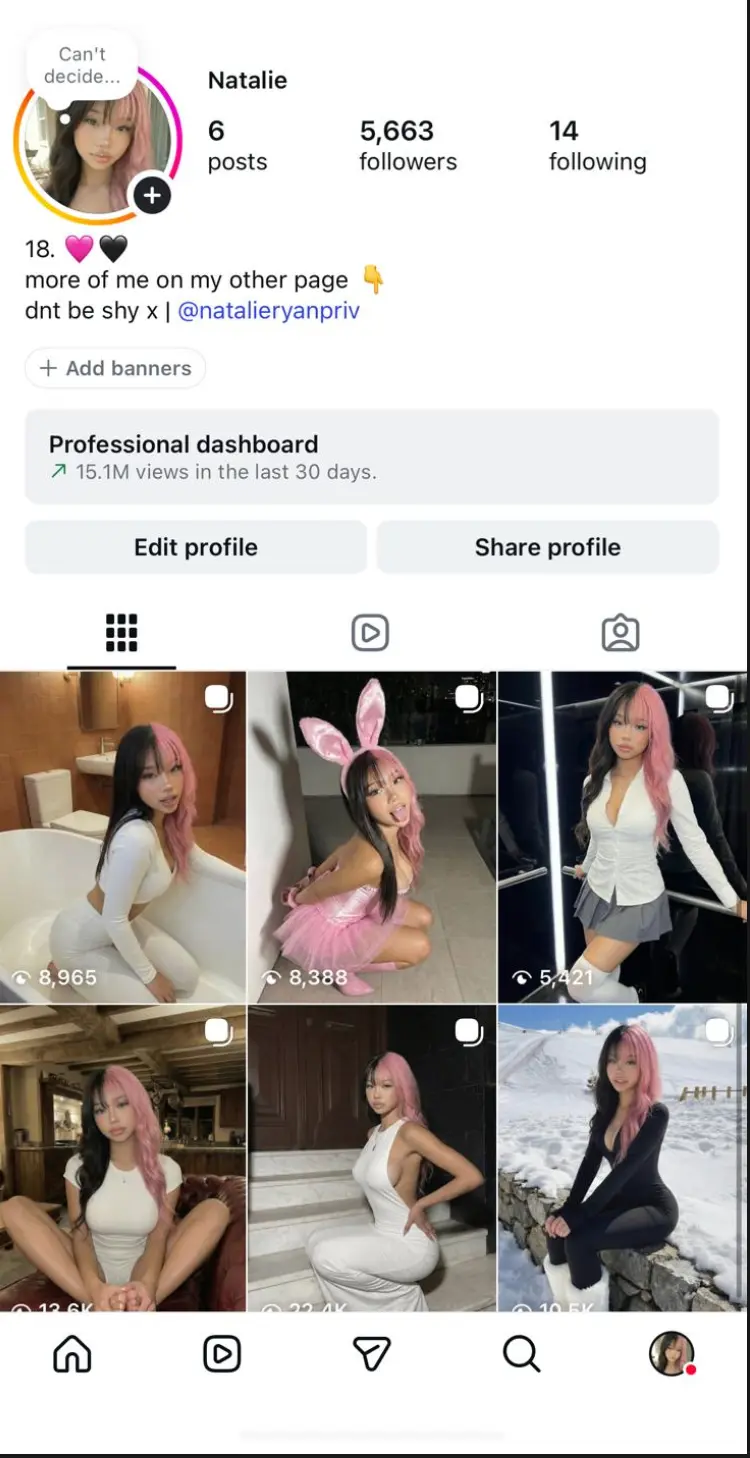 Instagram profile screenshot showing Natalie with 6 posts, 5,663 followers and a professional dashboard reading 15.1M views in the last 30 days.